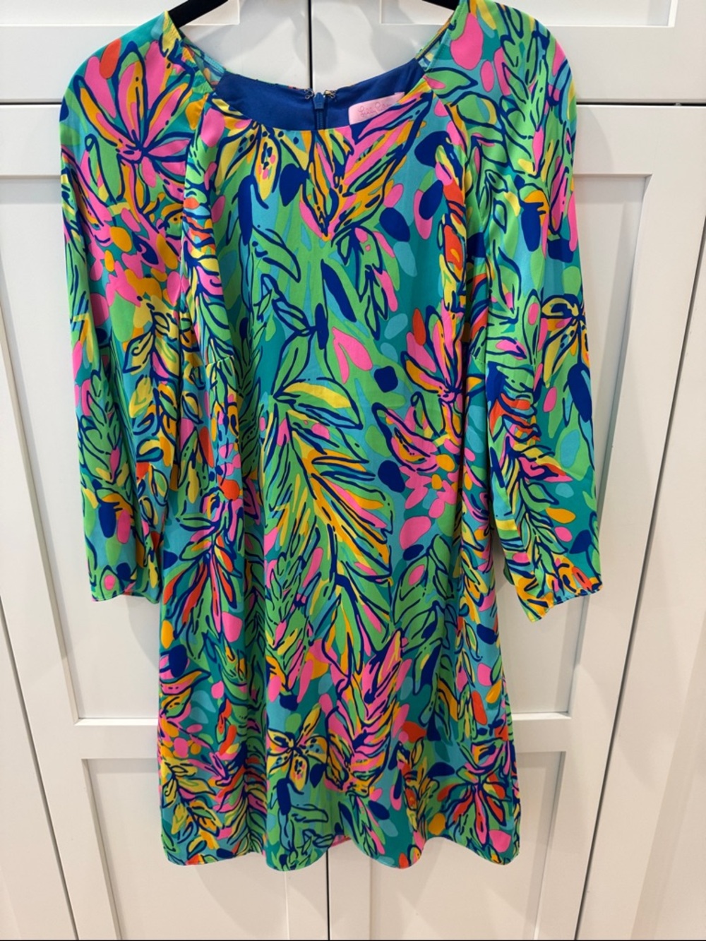 Lilly Pulitzer Tropical Print Shift Dress in Teal, Pink, Yellow, Blue zip back